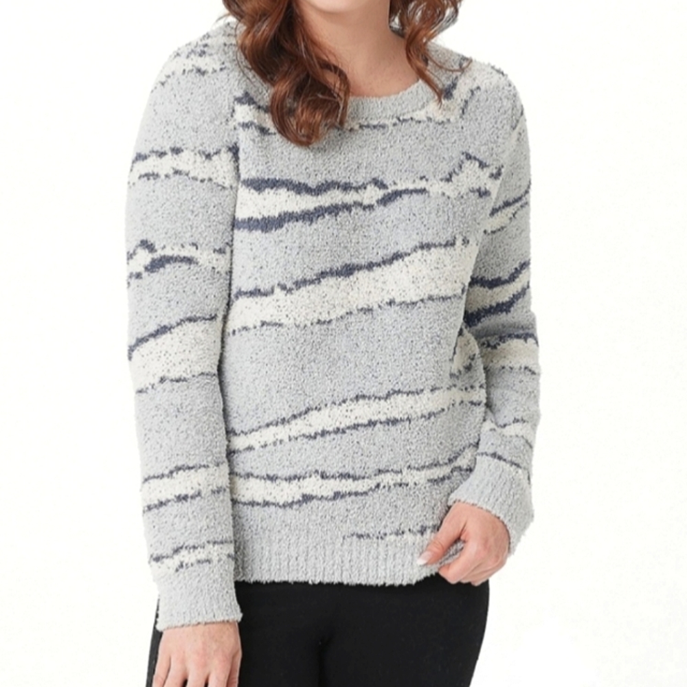 LIKE NEW Barefoot Dreams CozyChic Crew Neck Sweater Ocean Zebra